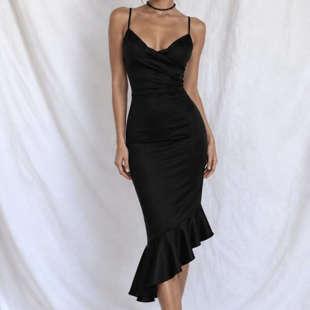 Vintage Black Cowl Neck Halter Bodycon Ruffle Midi Cocktail Formal Dress 2/XS
